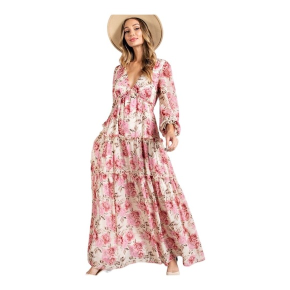 Ee:some Women's Floral Maxi Dress V Neck Long Sleeve Tiered Casual Pink Medium - Picture 1 of 9